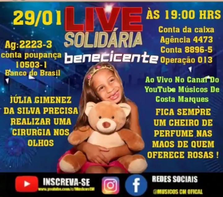 Músicos de Costa Marques, realizarão no próximo dia 29 mais uma Live Solidária Beneficente.