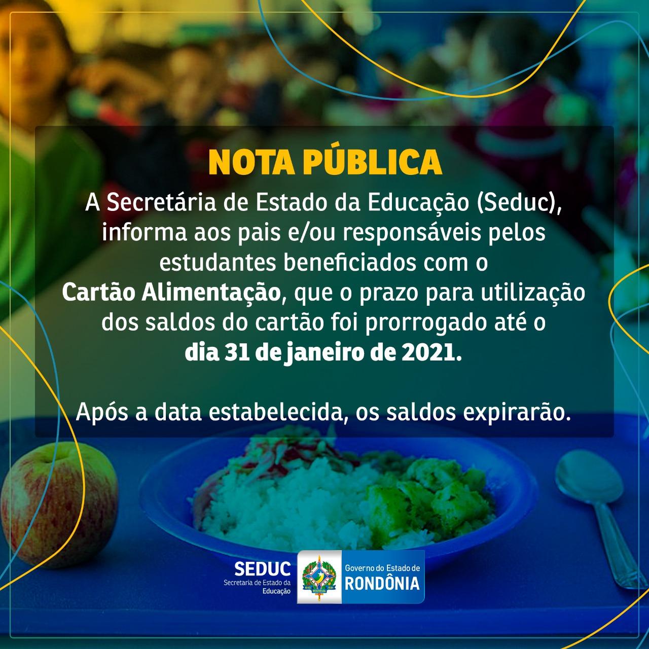 Prazo para utilização do saldo do Cartão Alimentação é prorrogado.