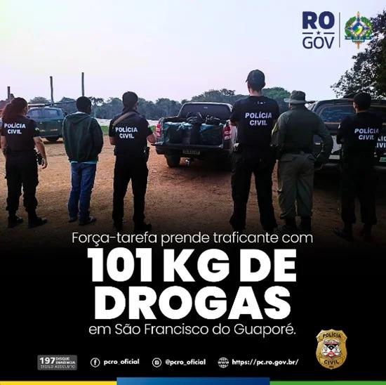 Força-tarefa prende traficante com 101 quilos de drogas em São Francisco do Guaporé